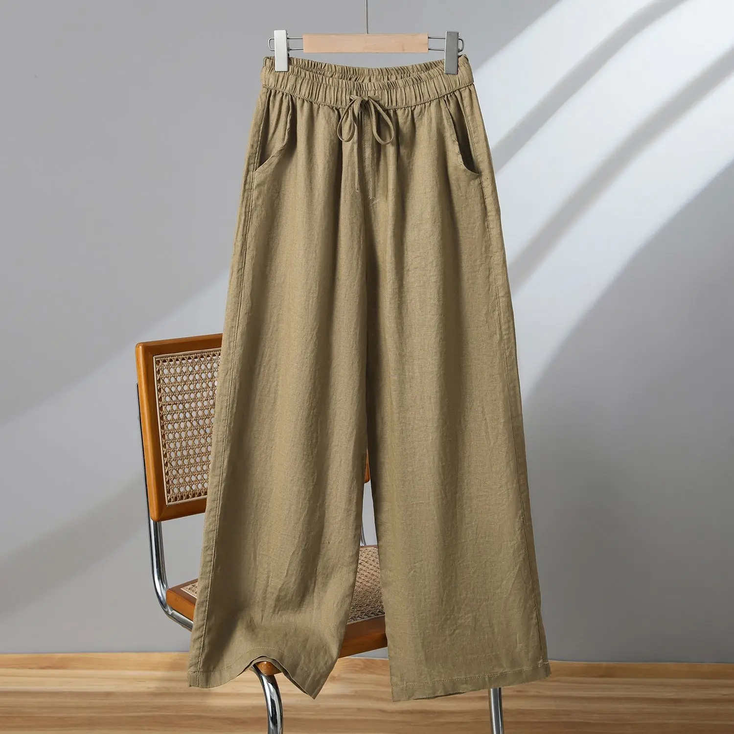 

Summer Vintage Flax Casual Solid Color Elastic Waist Wide Leg Pants Oversized Women Clothes Lacing High Waist Ankle-length Pants