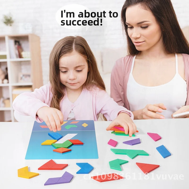 Quebra-cabeça tangram de madeira para crianças, educação precoce, jogo geométrico de inteligência cerebral, formato triangular, brinquedo de aprendizagem de cores
