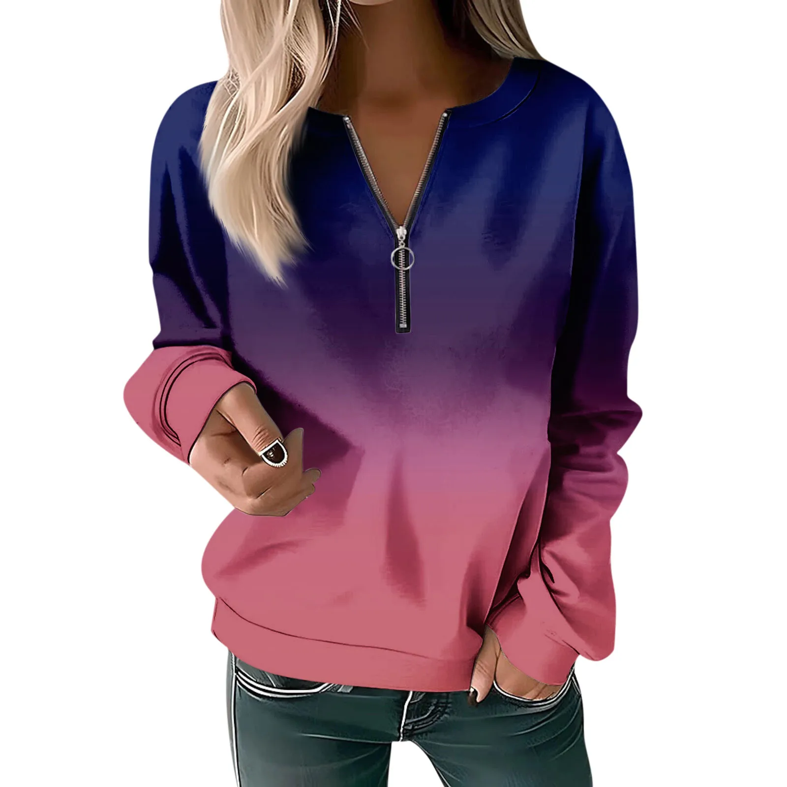 Women Tops Autumn and Winter contrast Half Zippered Loose Fitting pullover Women's Casual Long Sleeved Pullover Sweatshirt 2023