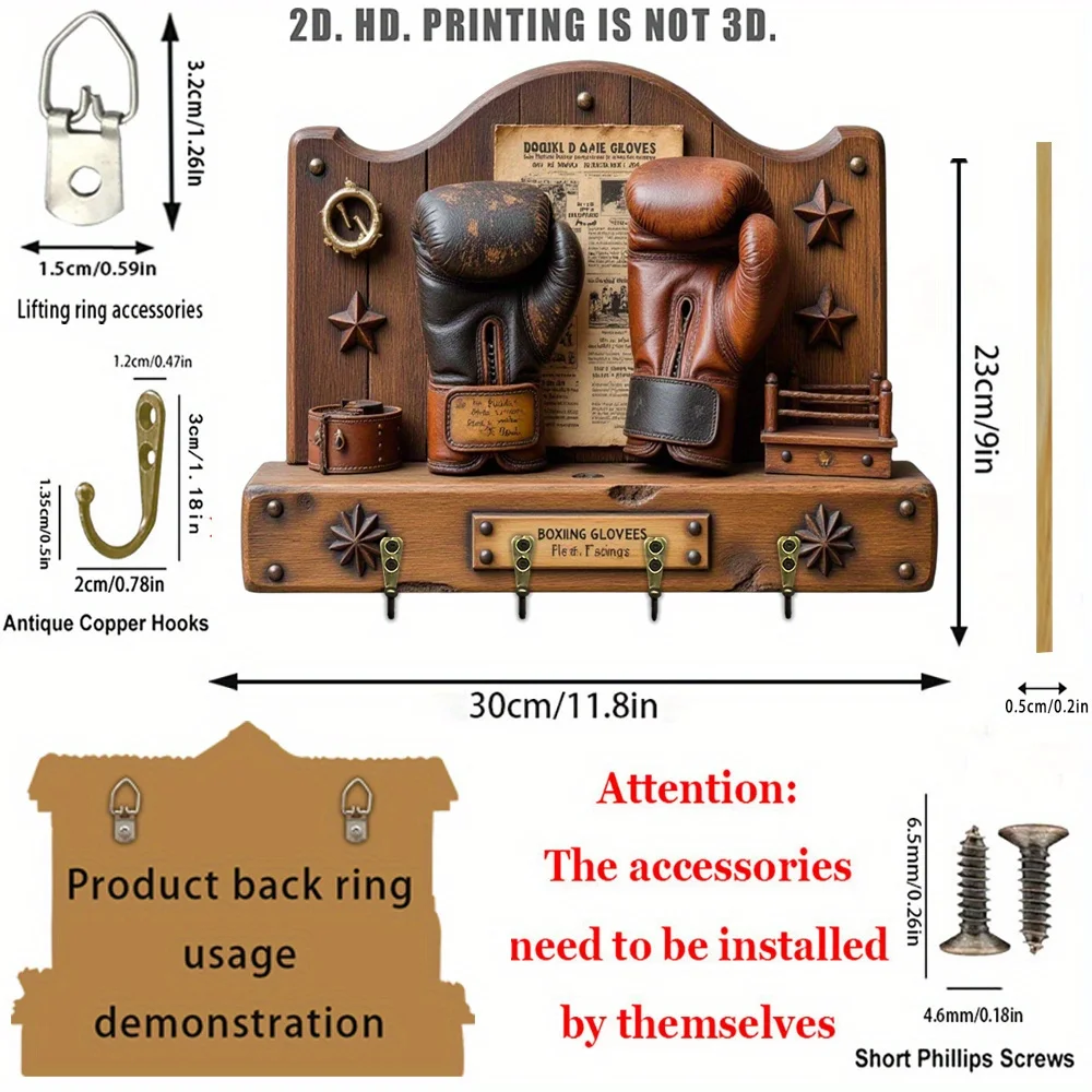 2D Flat, 1pc, Retro Boxing Glove Key Hook Wooden Multifunctional Home Key Holder with Four Metal Hooks, Wall Decoration, Porch