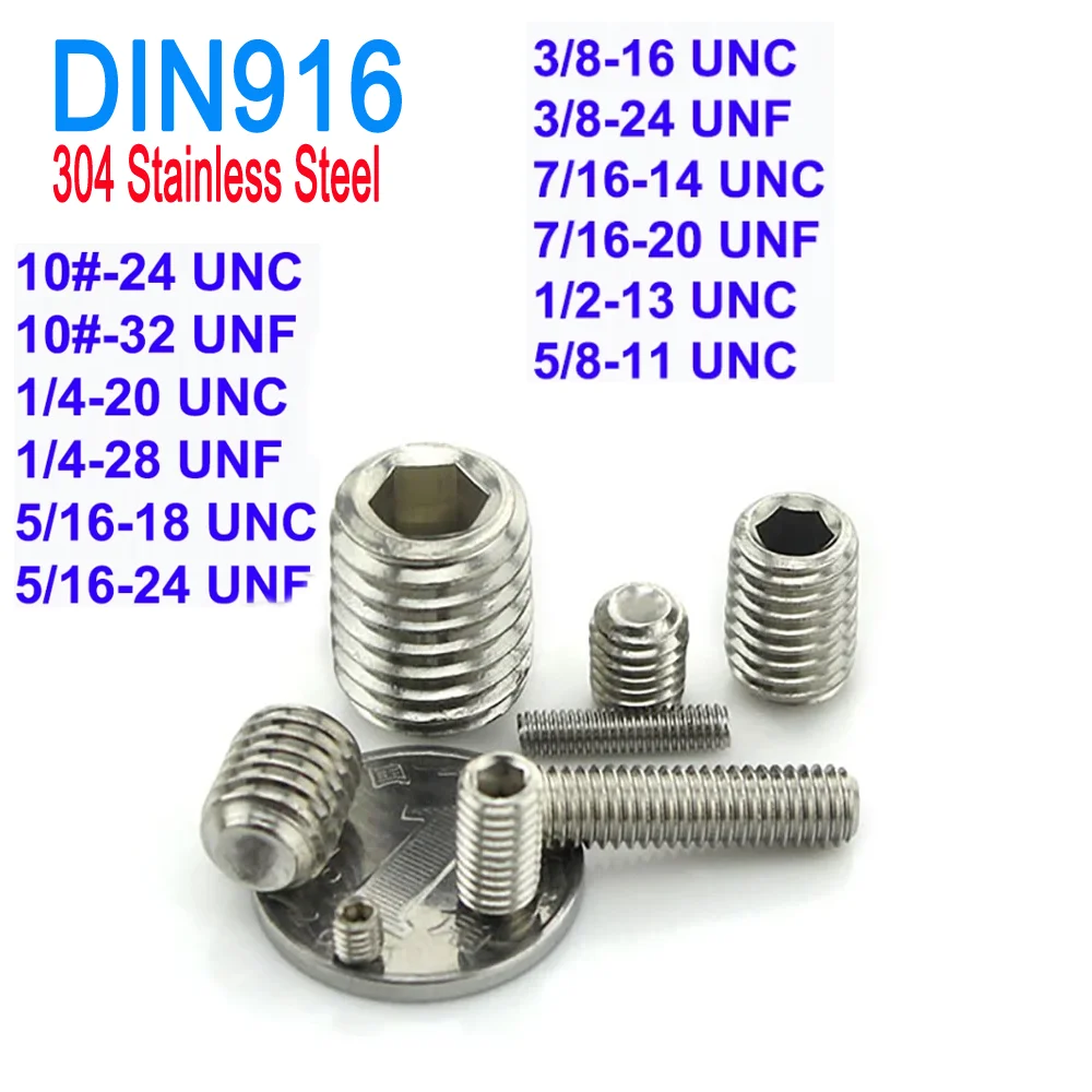 10# 1/4 5/16 3/8 5/8 UNC UNF Grub Screws 304 Steel Hex Socket Cup Point Headless Set Screws