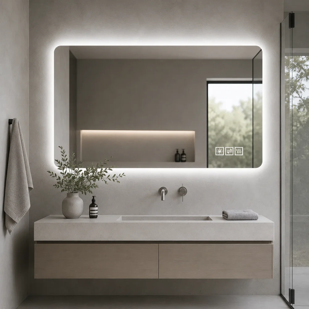 60×120 cm LED-Badezimmerspiegel, korrosionsbeständig, dreifarbige dimmbare Beleuchtung, hintergrundbeleuchtet mit Ein-Tasten-Bedienungsfunktion zum Schließen