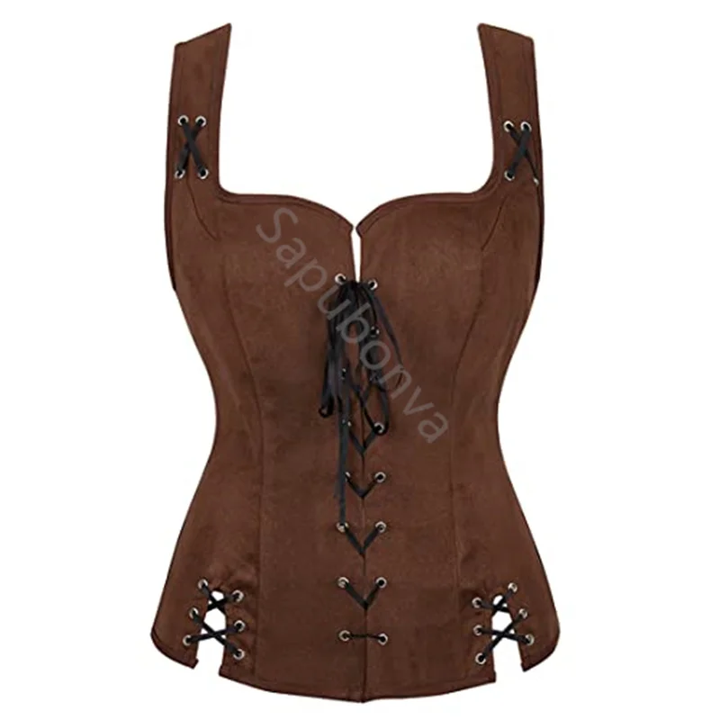 Sapubonva Pirate Renaissance Vest Shite Set Viking Costume for Women Steampunk Bodice Medieval Victorian Vintage Halloween Brown