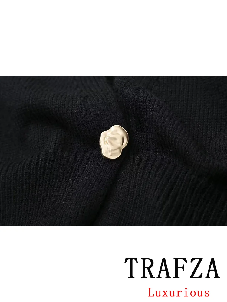 TRAFZA Vintage Casual Chic Women Sweater Solid V Neck Singe Button Long Sleeve Knitted Cardigans Fashion 2024 Autumn Sweaters