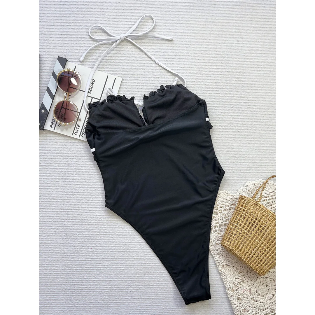 Neuer, geraffter, hoch geschnittener, gepolsterter Monokini-Badeanzug mit Schnürung und Neckholder, einteiliger Badeanzug für Damen, Badebekleidung, Badeanzug, Modell V6274. – Detail 13