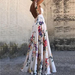 Sexy Dress Women Exposed Back Printed High Waist Large Swing Sleeveless Camisole Dress Tank Tops Bobe Big Hem Maxi Dress