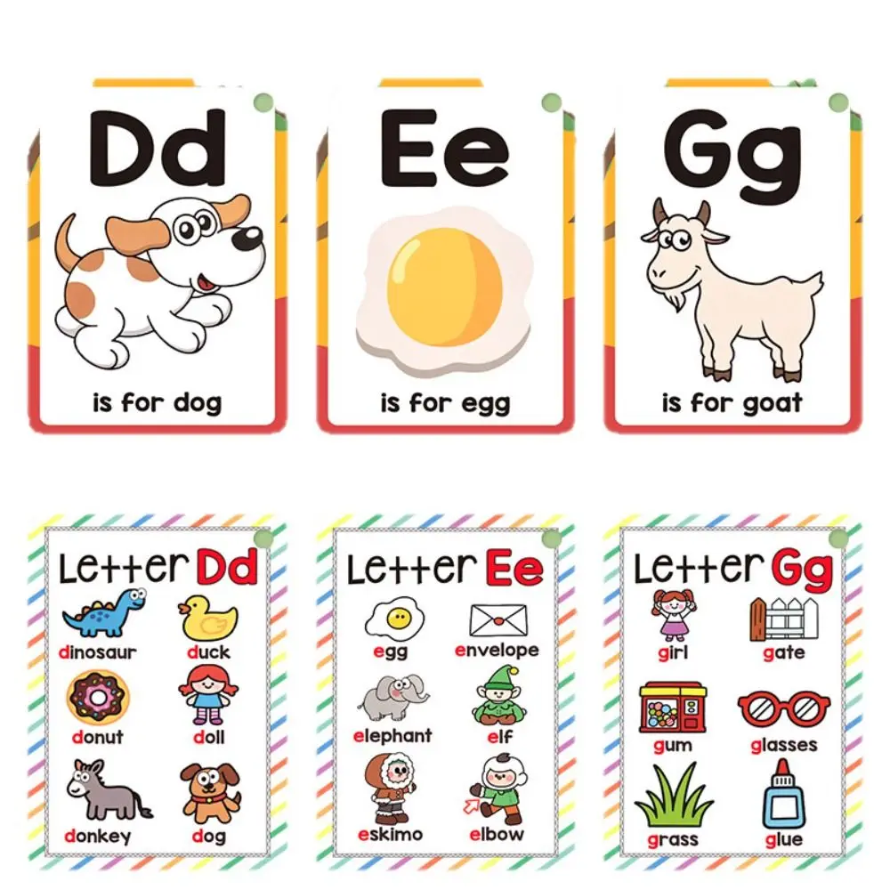 Cartões do alfabeto inglês com 26 letras, cartões A-Z, 156 palavras, cartões de aprendizagem montessori com imagens, design colorido