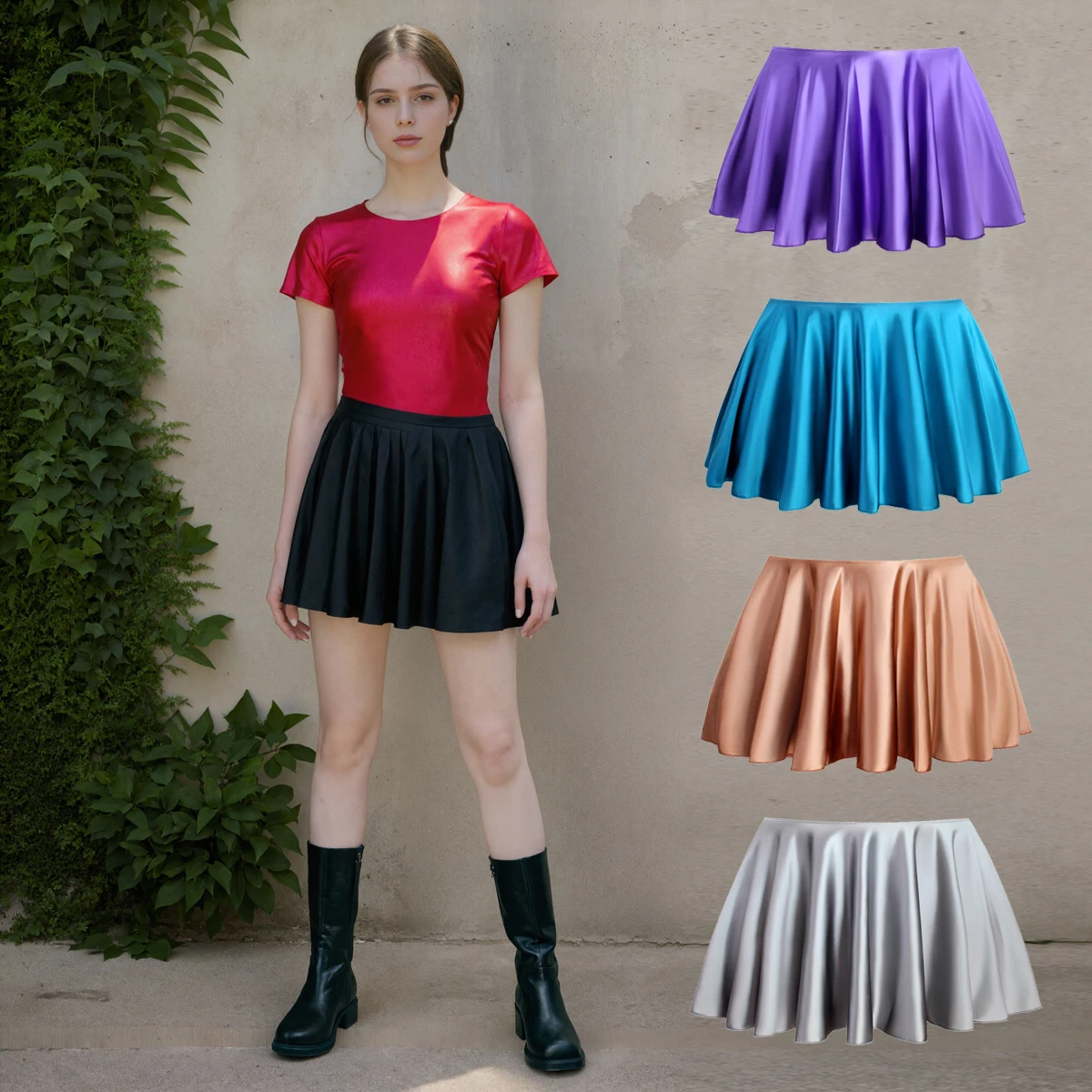 

MJINM женская маслянистая глянцевая атласная гладкая эластичная балетная плиссированная юбка юбка-зонтик однотонная юбка для плавания с запахом ягодиц