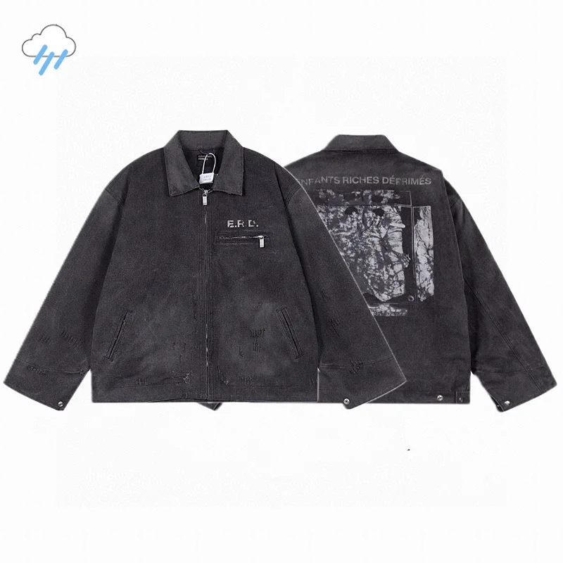 24FW Best Quality Abstract Pattern Print Enfants Riches Deprimes Denim Jacket Men Women Vintage Washed Black ERD Zipper Coats