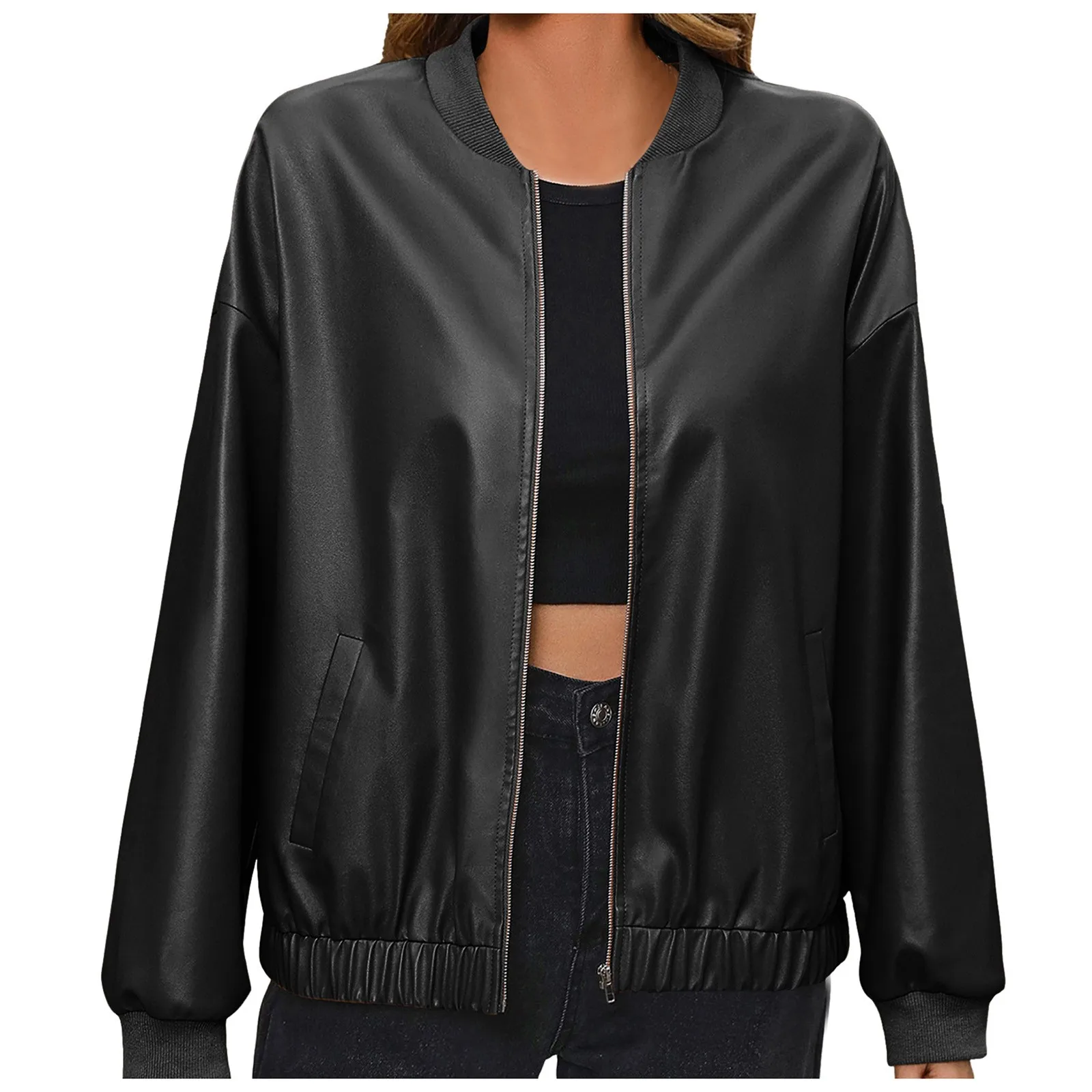 Slim Fit Faux Leather Motorcycle Jacket for Women