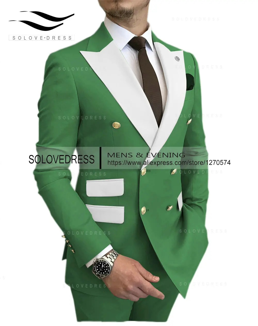 SOLOVEDRESS New Men's Suit Green Double-breasted White Lapel Fashion Groom Best Man Wedding Party (Blazer + Pants) X