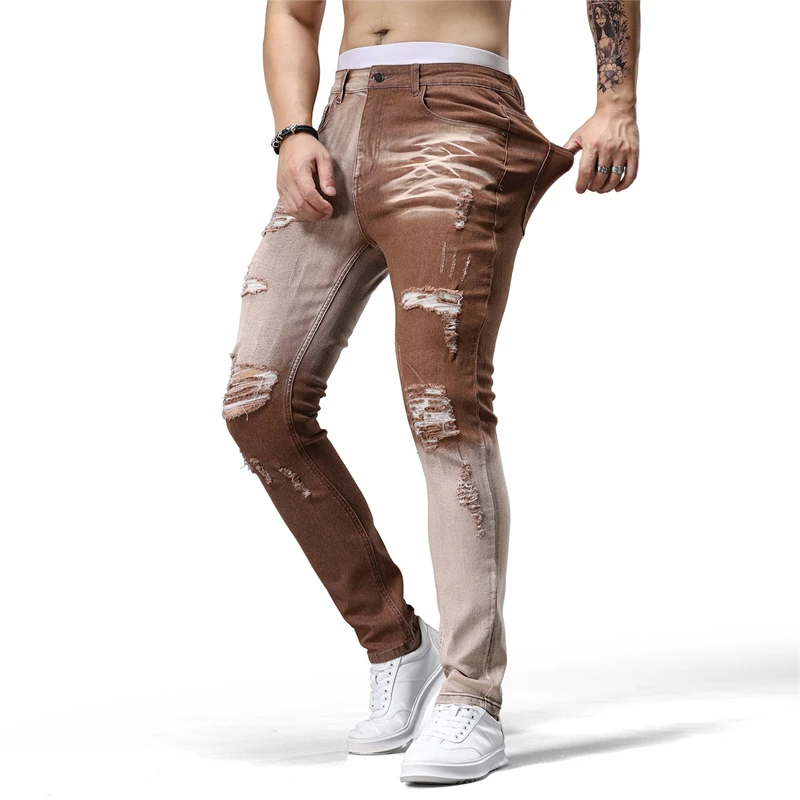 

Men's Personalized Street Fashion Color Blocked Patchwork Jeans Straight Slim Spring Autumn Denim Trousers High-Quality Jeans