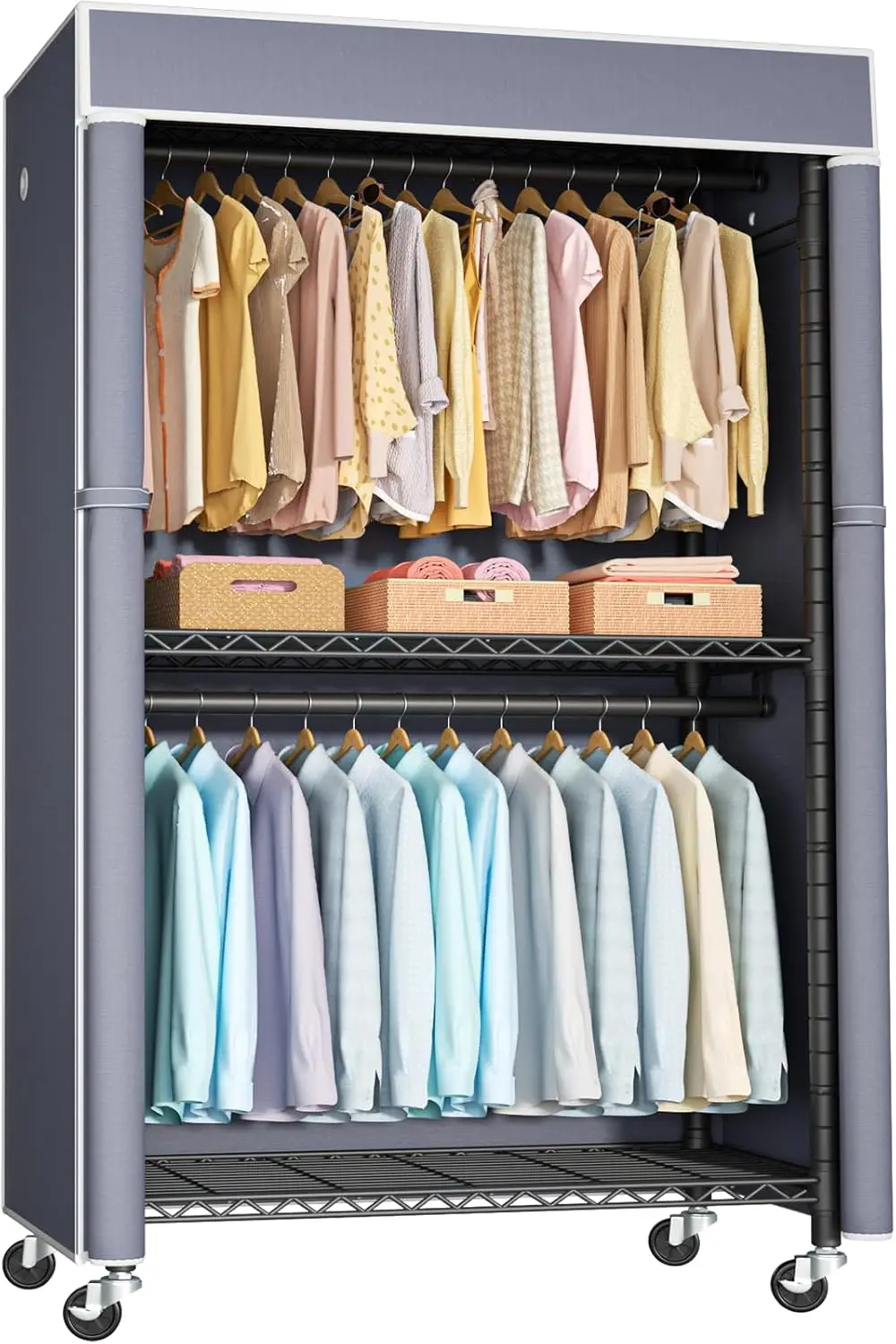 

Black Clothing Rack with Grey Cover P1C Rolling Closets with Wheels Metal Garment Rack for Hanging Clothes Clothing Storage Ward