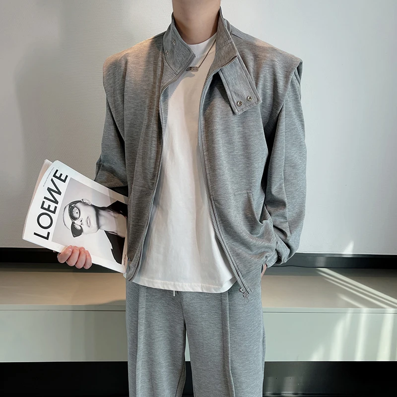 

Autumn Men's Casual Sportswear Set Loose Straight Leg Sweatpants High Collar oulder Pad Open Cardigan Hoodie Two Piece Set