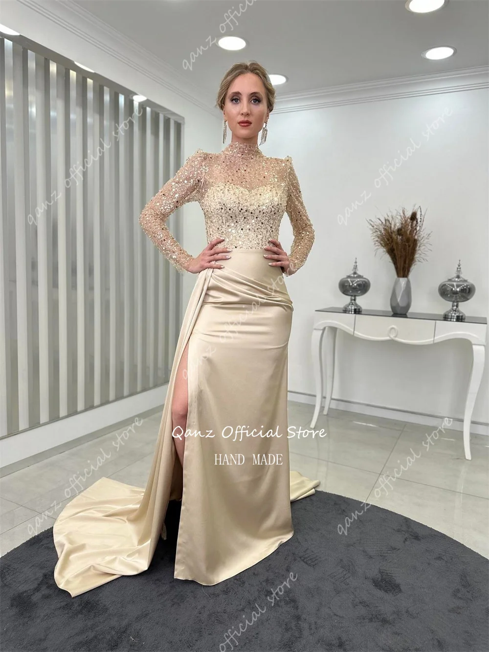 Qanz Emerald Green Evening Dresses Sequined Satin Dresses Women 2024 Long Sleeves Mermaid Leg Slit Prom Dresses Customized