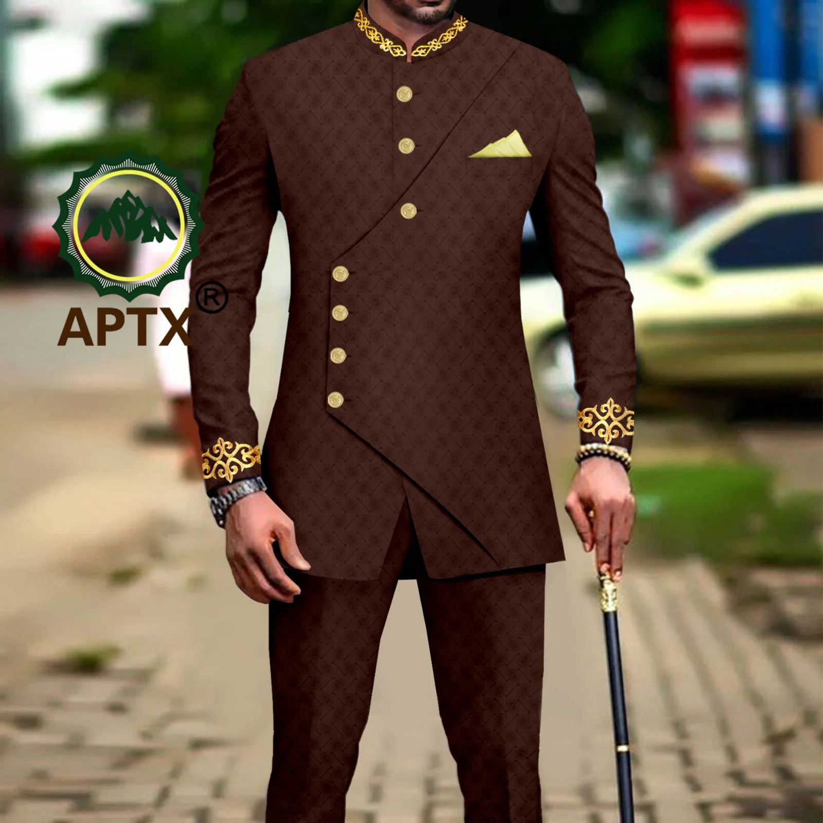 African Clothes for Men Business Causal Suit Bazin Riche Jacket and Trousers 2 PCS Formal Wear for Wedding Event Attire A2316051