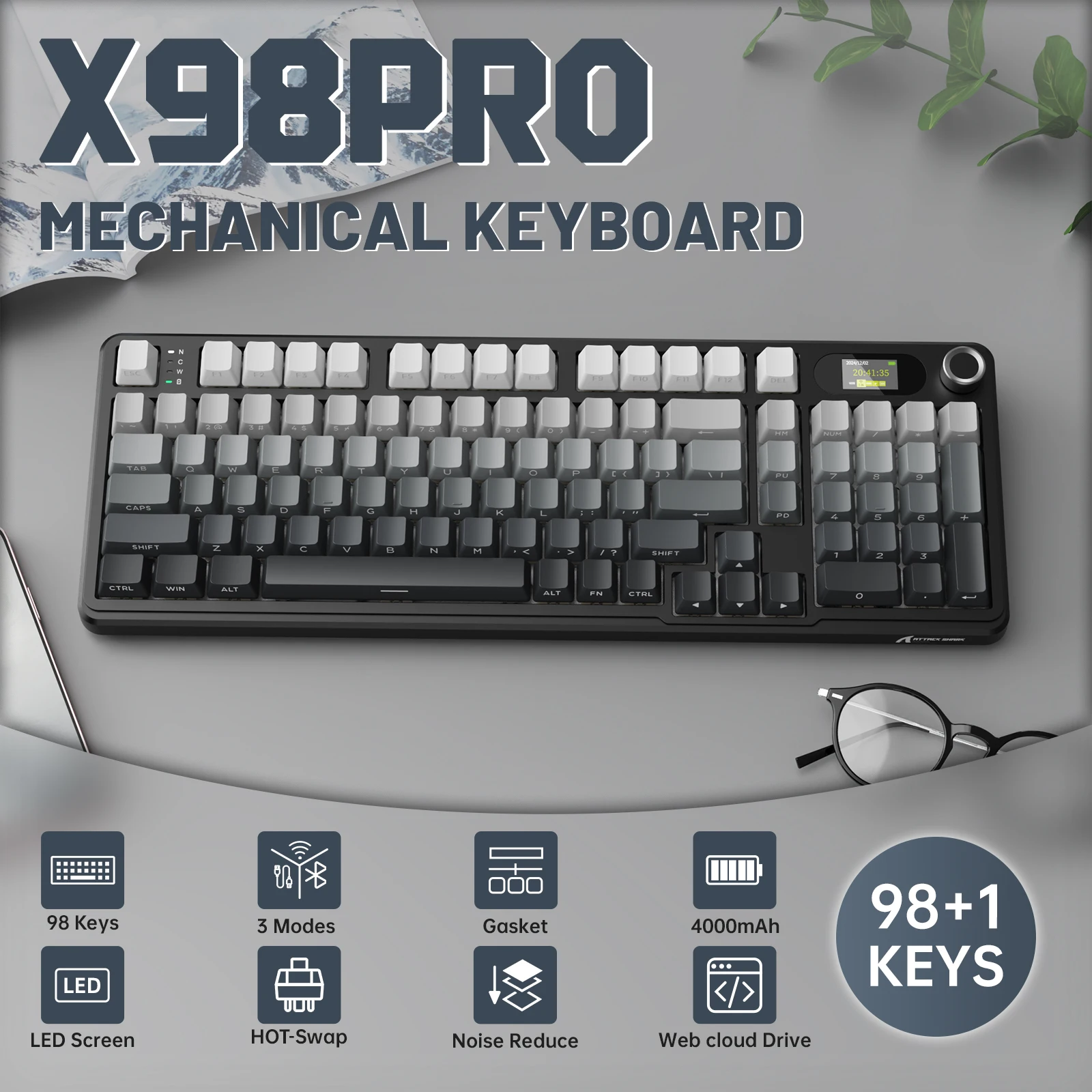 Attack Shark X98 Pro Gaming Mechanical Keyboard 98 Keys Tri-Mode Bluetooth Screen CNC Knob Hot-Swap Gasket Mount RGB For Gamer