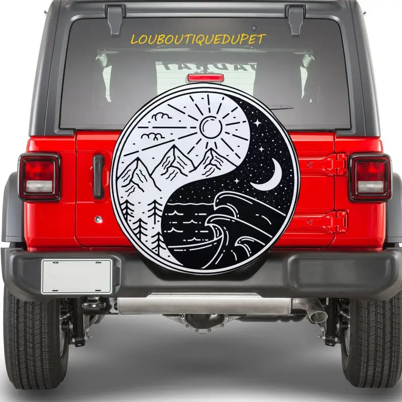 Premium Yin Yang Car Tire Cover For All Car Day And Night Protector Boho Car Accessories + Backup Camera Hole
