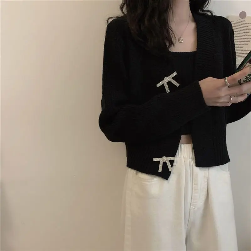 Casual V-Neck Short Loose Sweaters Spring Autumn New Solid Color Female Clothing Korean Long Sleeve Fashion Bow Knitted Cardigan