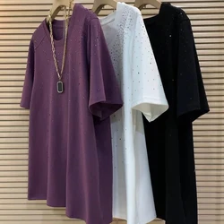 Summer Broken Rhinestones Women O Neck Short Sleeve T Shirt Fashion Casual Simple Oversized Clothing Tops Tee Black White Purple