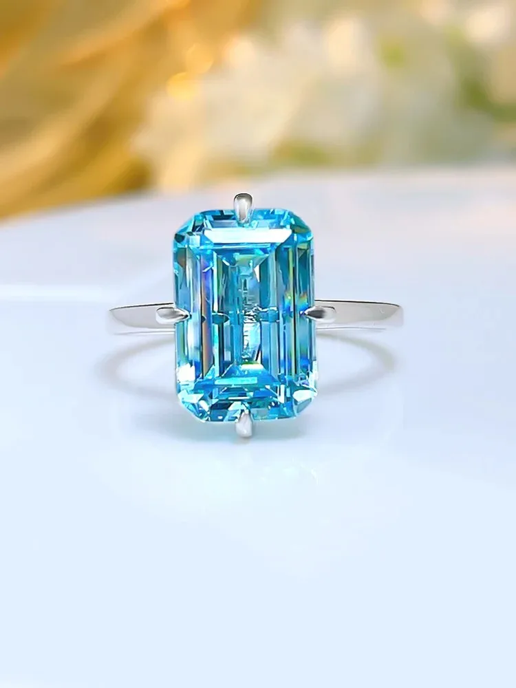 Artificial rock candy rectangular emerald cut sea blue treasure ring 925 silver imported high carbon diamond cool breeze