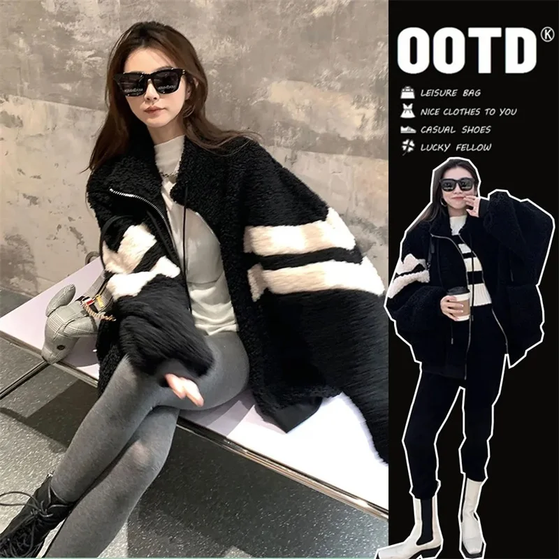 

Fat mm Lamb Wool Coat Women's Autumn Winter 2023 New INS Korean Version Loose Relaxed Thickened Warm Plush Cotton Coat Commuter