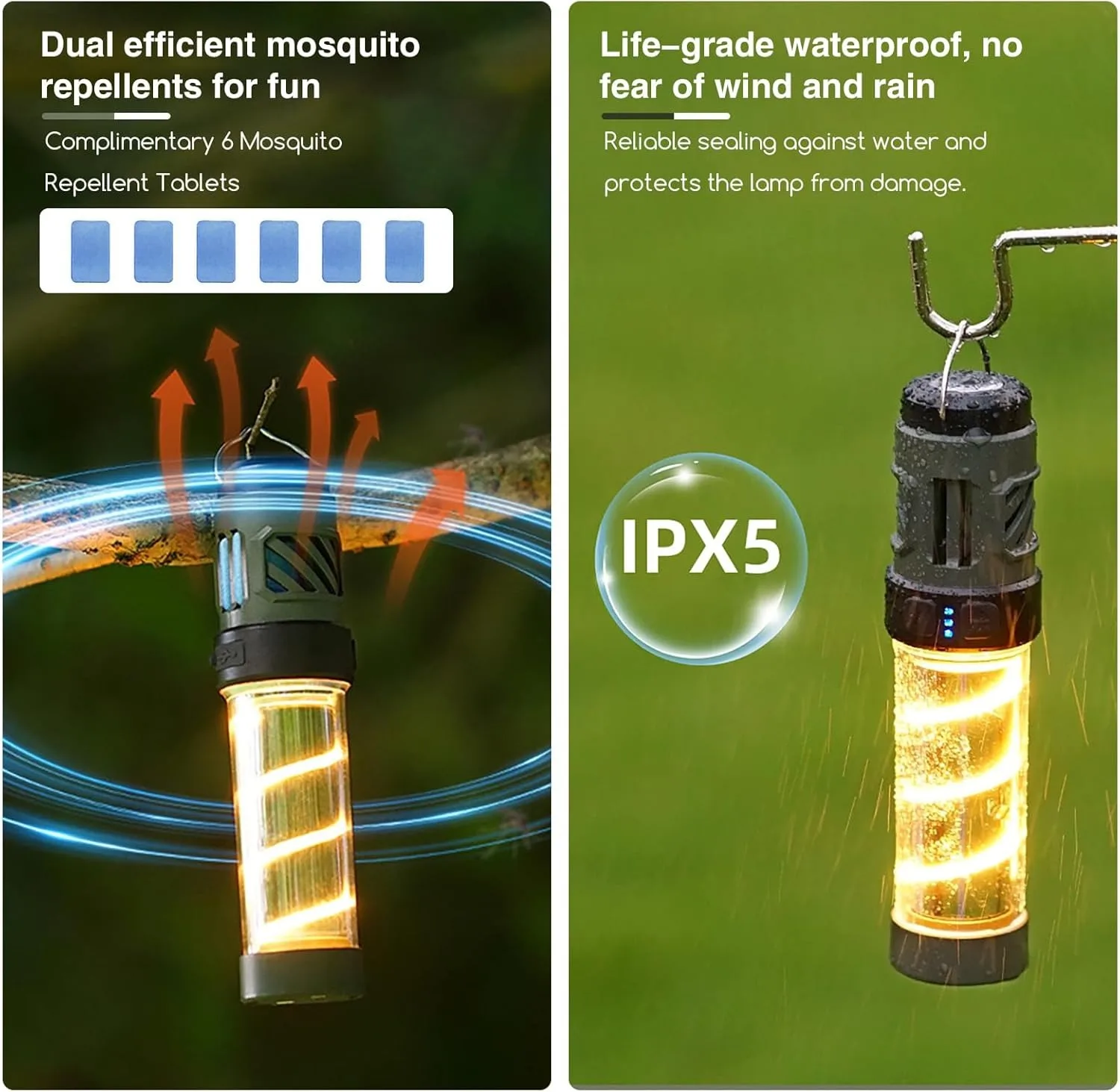 Zanzariera portatile da esterno tenda da campeggio repellente per zanzare USB ricaricabile torcia per illuminazione a LED con staffa triangolare