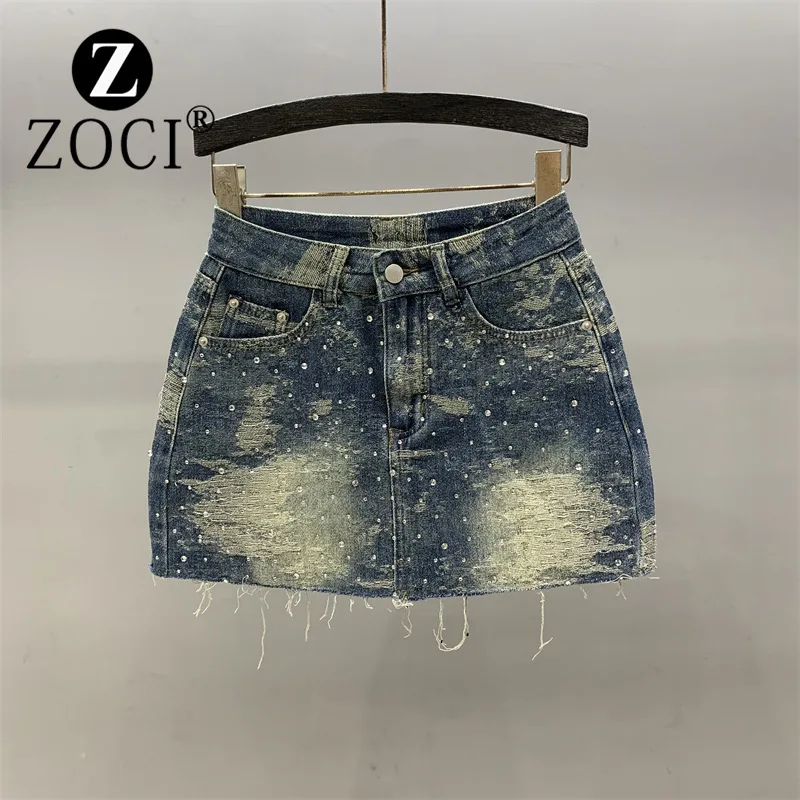 [zoci] Summer Jacquard Hot Diamond Haired Denim Half Length Skirt Women A-line High Waist Skinny Look, Hip Wrapping Skirt,