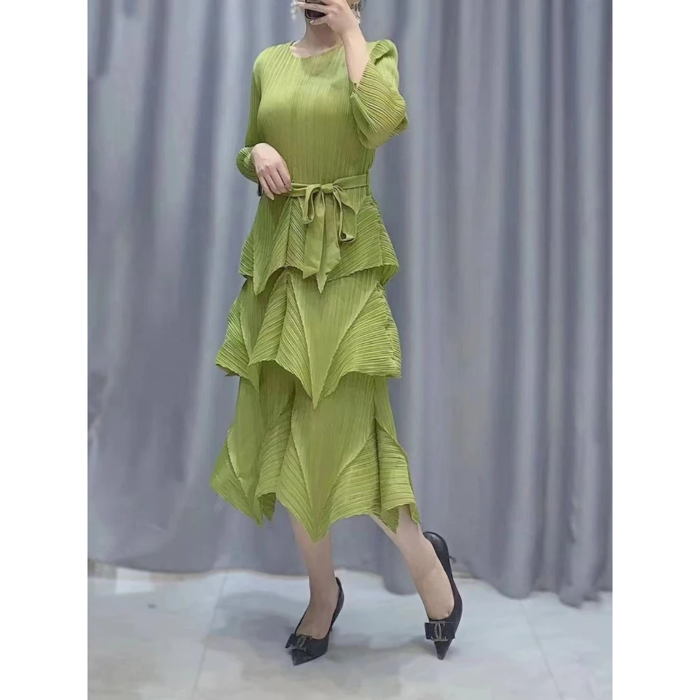 Miyake Pleated Dress2023 Solid Color Elegant Round Neck Long Sleeve Lace-up Dress Women Free Postage Discount