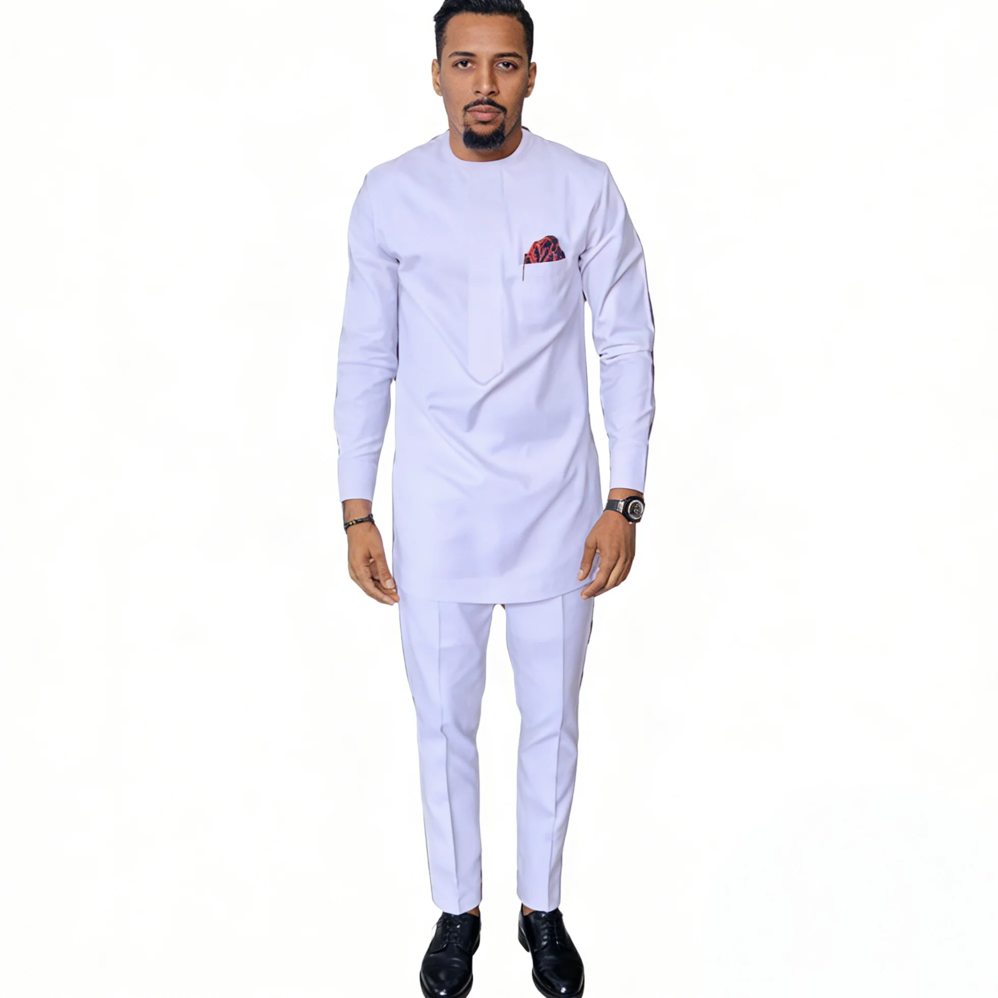 African Fashion Shirts Patch Trousers Solid White Pant Sets Senator Style Male Groom Suits Plus Size Party Wear African Clothes