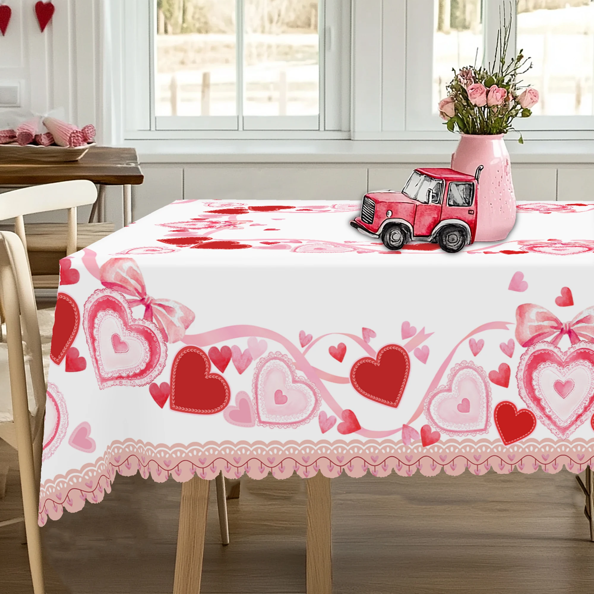 1 Piece Valentine\'s Day Round Tablecloth, 5 Sizes, Spring Romantic Heart-Shaped Printed Square Tablecloth, Edge Embossing Process, Wedding