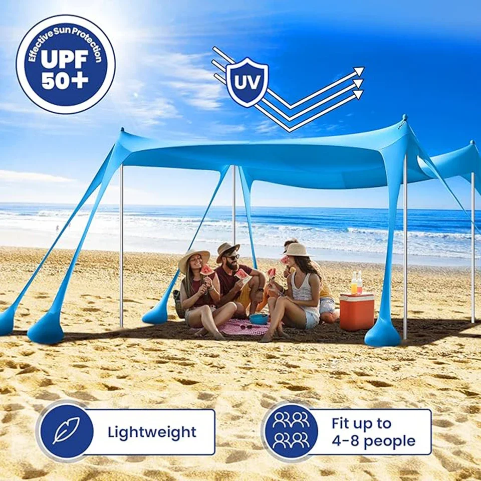 Portable Stretch Fabric Beach Canopy Tent with 8 Sand Anchors and Aluminum Alloy Poles for Outdoor Shade