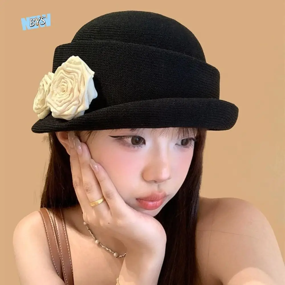 

Retro French Style Camellia Flower Cap Curl Brim Hepburn Floral Bowler Hat British Elegant Women's Formal hat Party