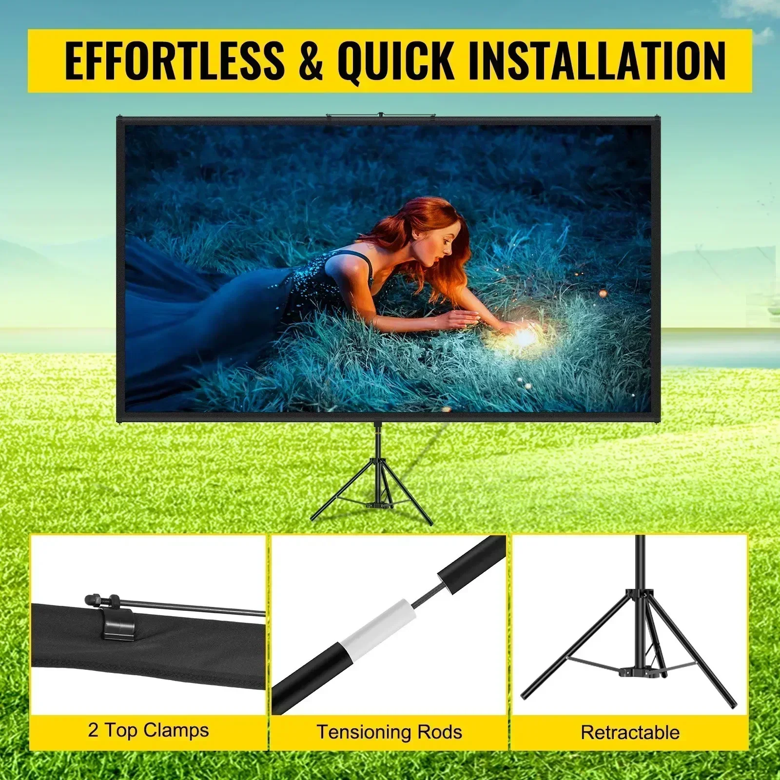 VEVOR Upgrade Outdoor Film Screen 60 70 80 90 100 110 Inch HD 16:9 Portable Projector Screen with Aluminum Tripod Stand