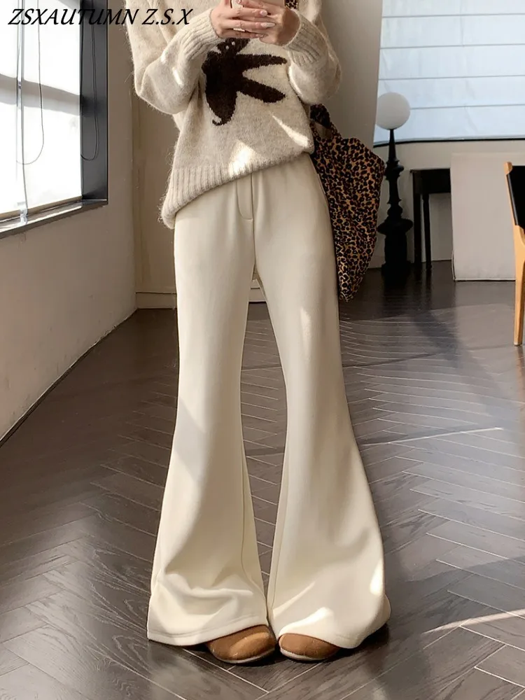 Simple Slim Flared Trousers Women's Winter Thick Casual Pants Solid Casual Wide Leg Plush Pants Fashion Bell-bottoms Female