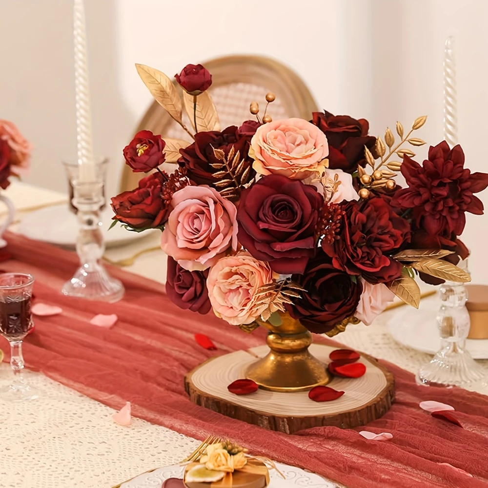 Wine red rose artificial flower combination box, bridal bouquet, outdoor/indoor DIY decoration, holiday decoration flowers