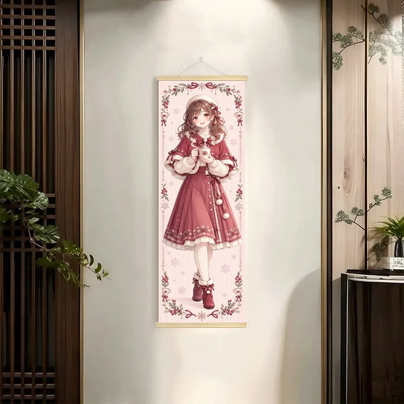 Anime Girls in Vintage Floral Dresses Hanging Scroll with Soft Green, Pink and Purple Tones for a Cozy Reading Nook