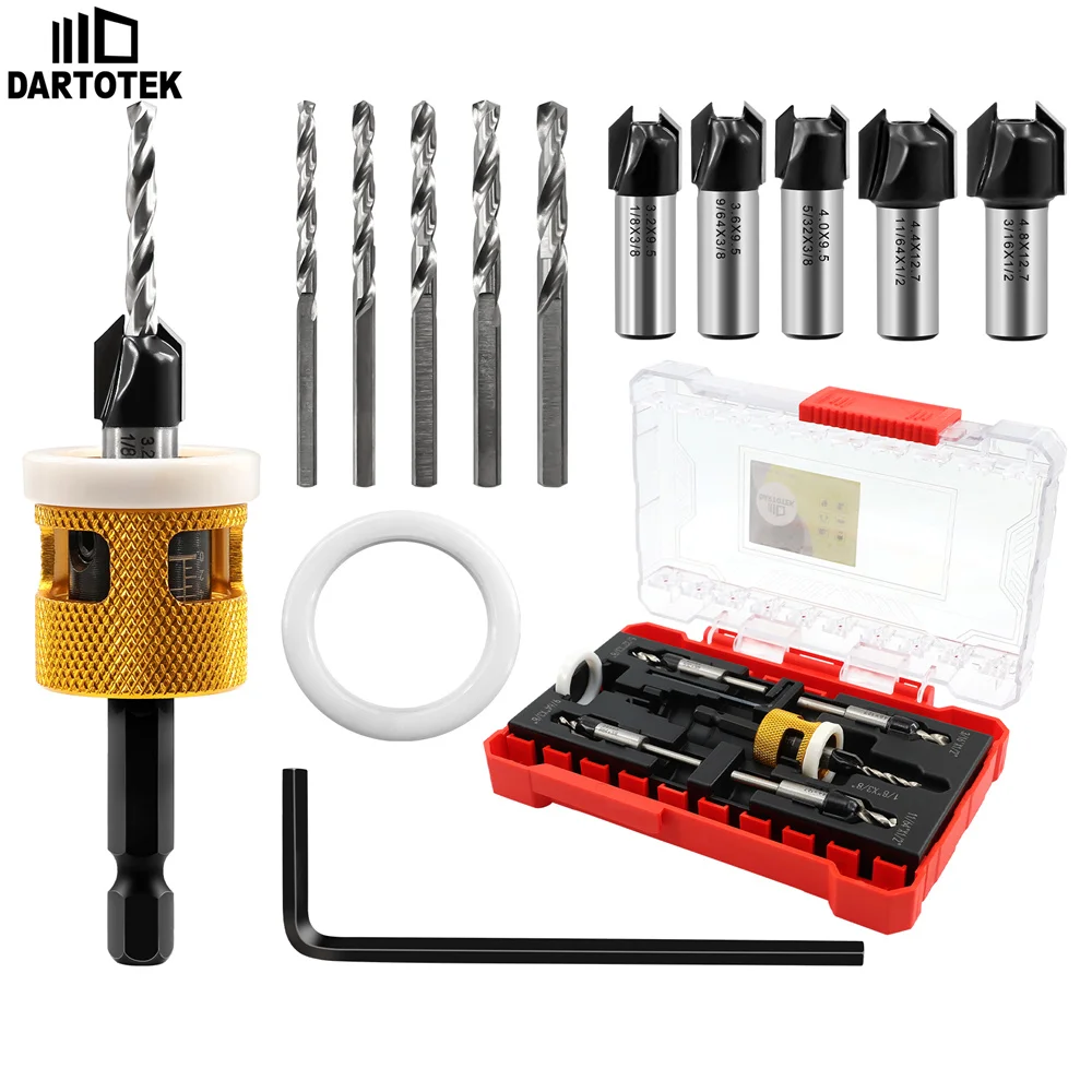 DARTOTEK 1/5Pcs Countersink Drill Bits Set with Low Friction Depth Stop Replaceable HSS M2 Drill Bit 82° Counter Bore for Wood