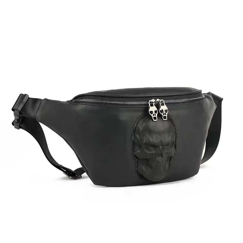 2025 Nuevo bolso con cabeza de calavera negra de Halloween, bolso cruzado para cintura y pecho para hombres * mujeres