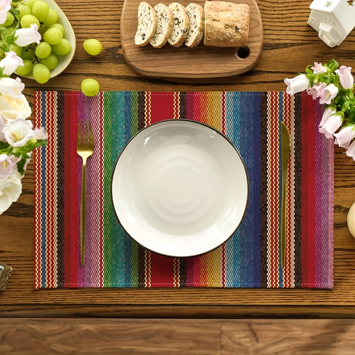 4pcs Colorful Stripes Dia De Los Muertos Fiesta Mexico Placemats Set of 4 Spring Table Mats for Party Kitchen Dining Decoration