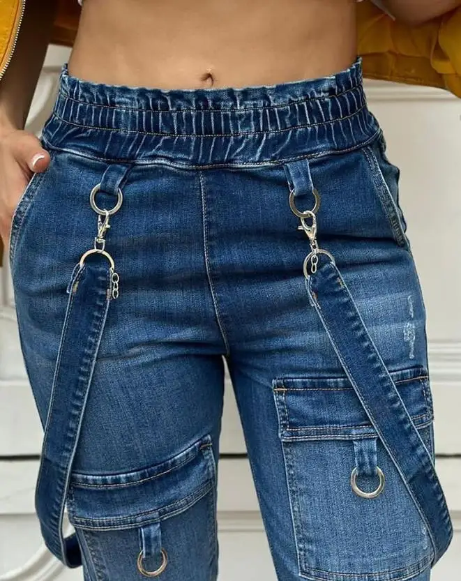 Women's Jeans Jumpsuit 2024 Spring Summer Latest Chic O-Ring Decor Pocket Design Denim Overall Suspender Romper Bodysuit