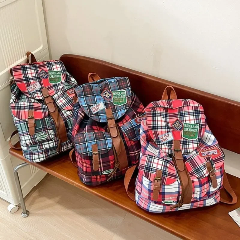 HAEX Vintage Women Backpacks Large Capacity Aesthetic Plaid Punk Mochilas Para Mujer Casual Students Daily Commute Bag Female