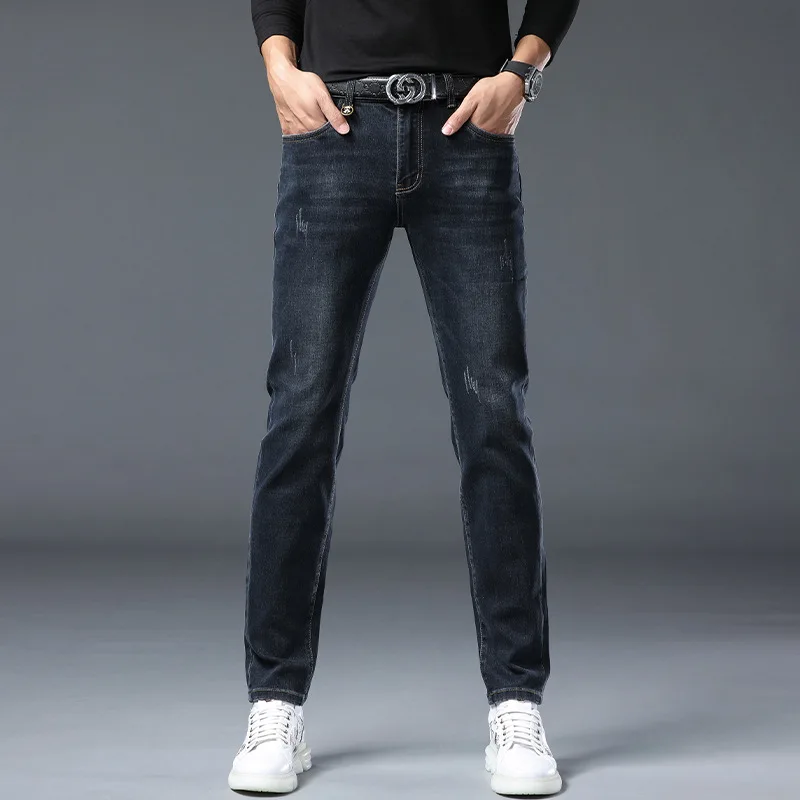 2024 autumn fashion embroidered light luxury denim pants for men, elastic slim fit small straight tube casual retro color denim