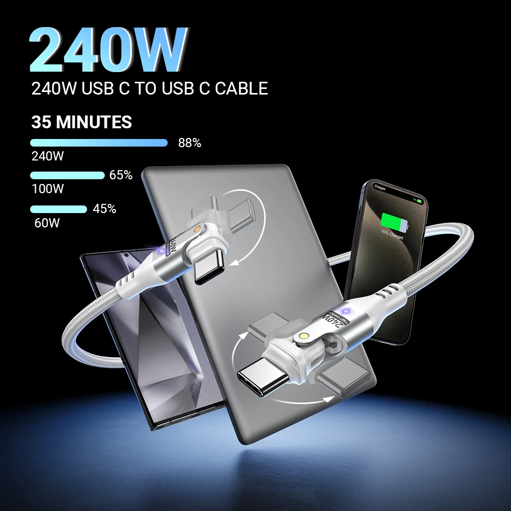 AUFU 240W USB Type C Cable For iPhone 16 15 MacBook Laptop 180 Degree 5A Super Fast Charging USB C Data Cable Wire Cord 1m 2m 3m