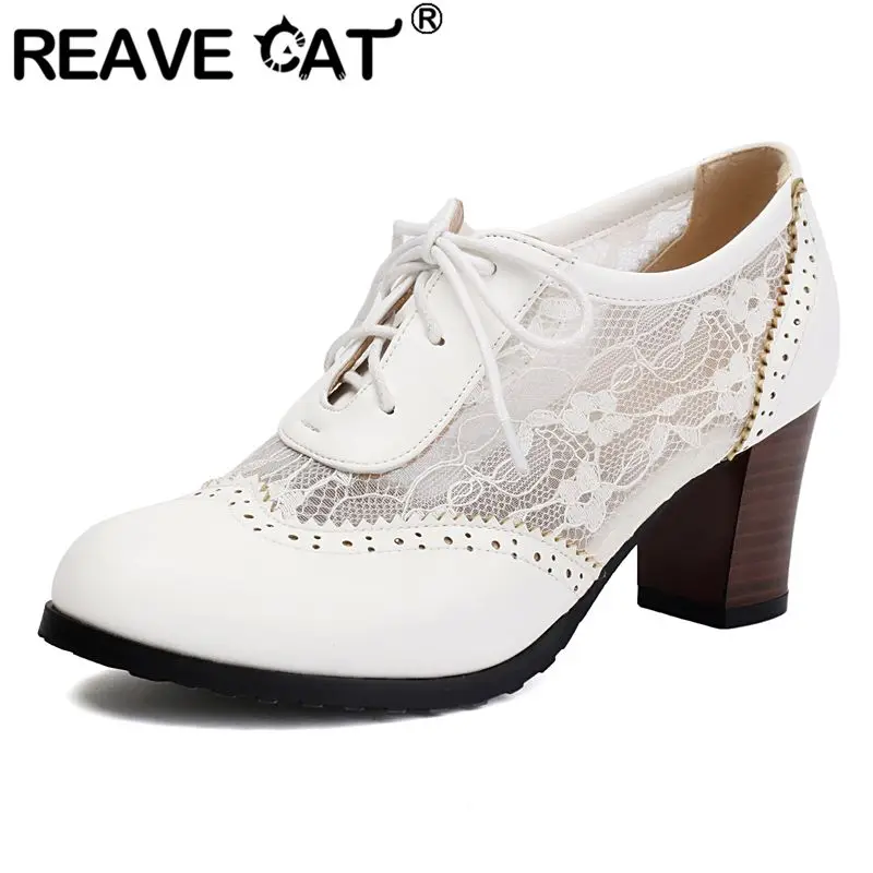 

REAVE CAT Новый дизайн Женские туфли-лодочки с круглым носком на блочном каблуке 6 см на шнуровке с дышащей сеткой Большие размеры 42 43 44 Повседневная женская летняя обувь