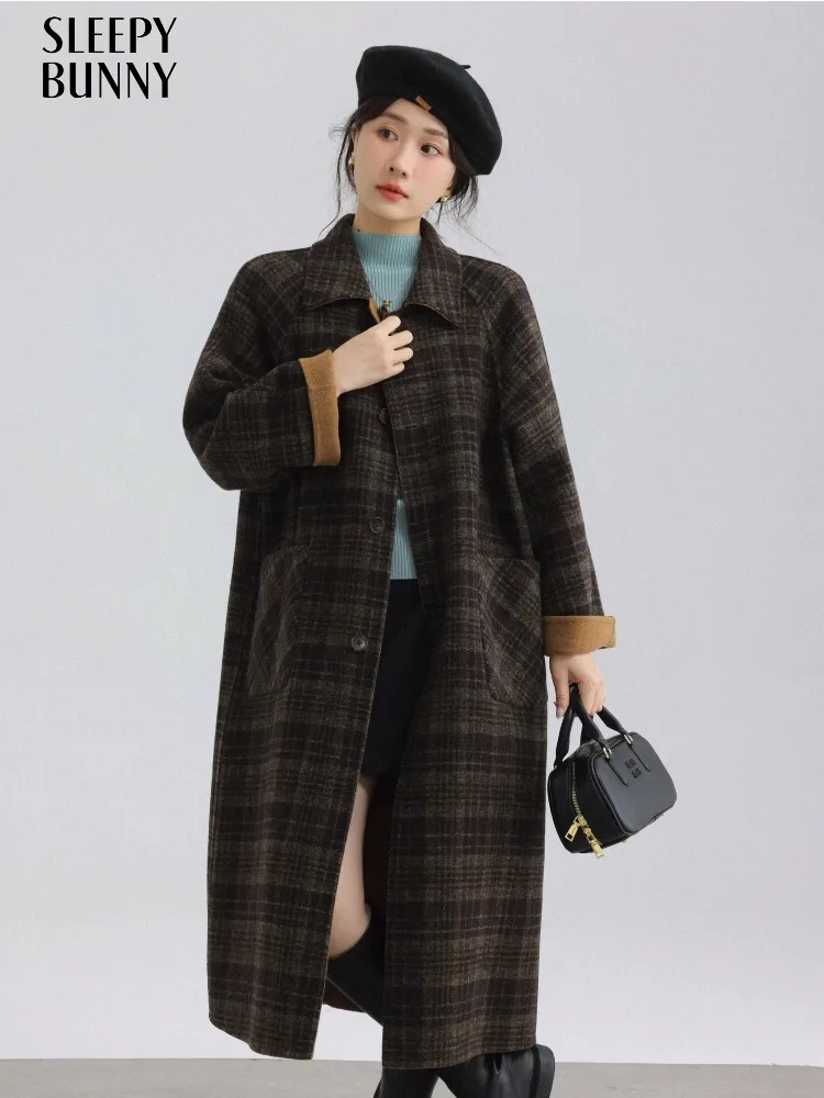 

Reversible Wool-like Plaid Coat Women Vintage Double-Faced Long Overcoat Autumn Winter Elegant Warm Lapel Wool Blend Outerwear