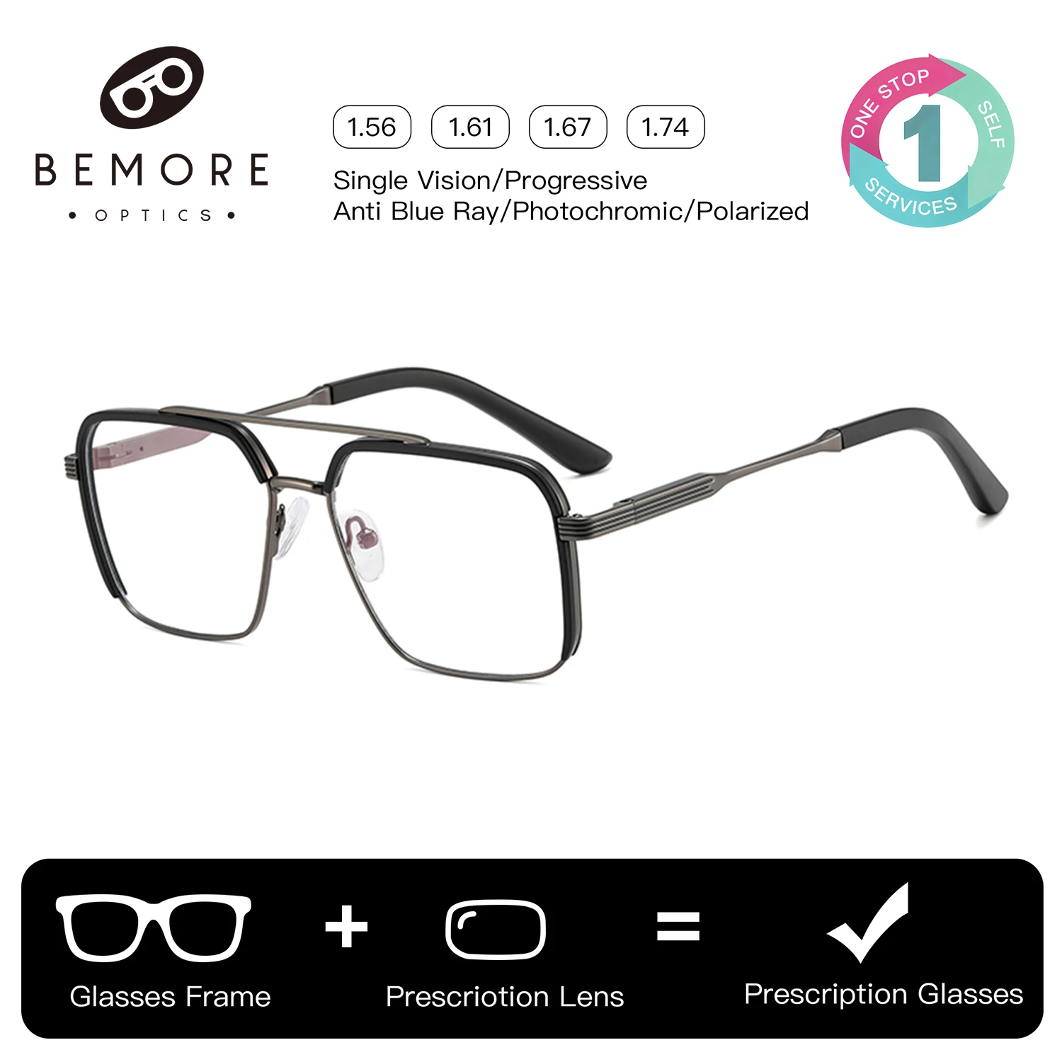 

BEMORE Retro Pilot Optical Glasses for Man Anti-Blue Light Photochromic Progressive Multifocal Prescription Eyewear