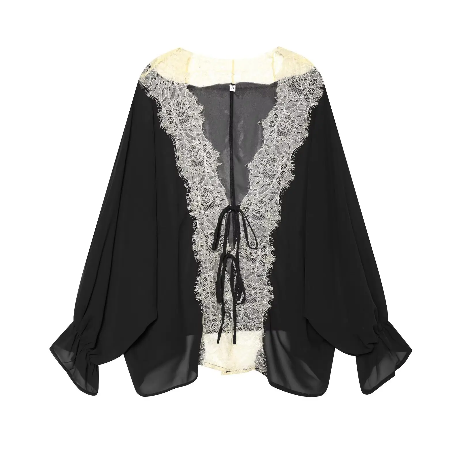 Lace Patchwork Crop Top Lantern Sleeve Sheer Blouse Elegant Style for Women - Black