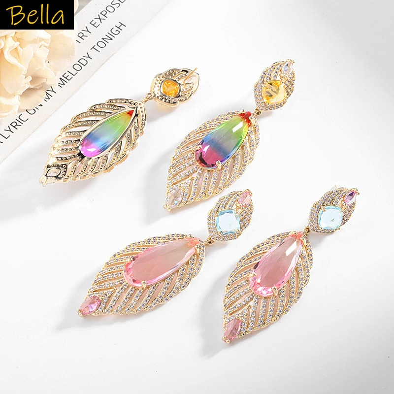 أقراط ريشة ذهبية اللون لون ذهبي الزركون النحاس الوردي قوس قزح قطرة قلادة أقراط النساء عشاء مجوهرات الحفلات هدية #2