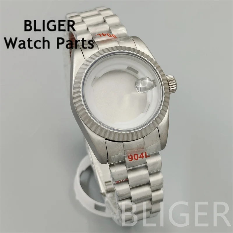 BLIGER-caja de reloj de acero inoxidable cepillado recubierto, 31mm, con correa, bisel redondo, cristal de zafiro ampliado, apto para movimiento NH05 NH06